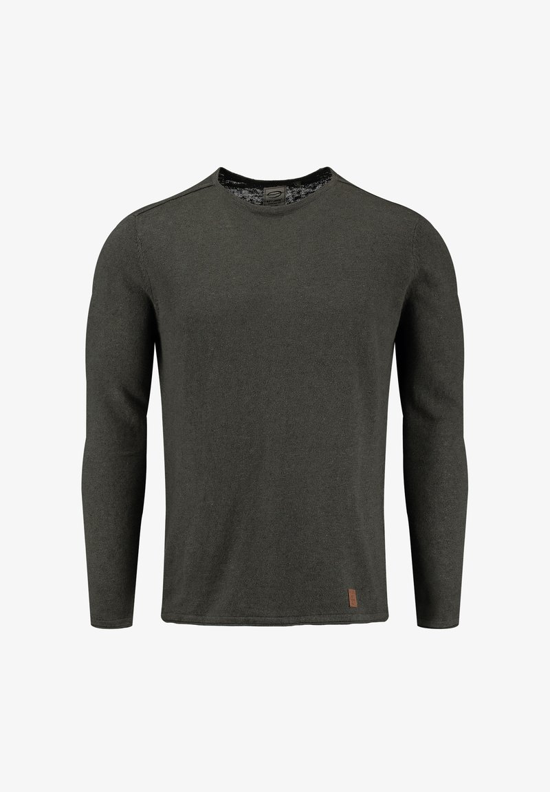 Dunkelgrüner, langärmeliger Pullover aus weichem Strickmaterial. Mit Rundhalsausschnitt, flachen Nähten und einem kleinen beigen Etikett am Saum.