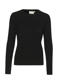 Maglione nero lavorato a maglia con texture a coste, maniche lunghe e scollatura a girocollo. Realizzato in tessuto morbido per garantire comfort.