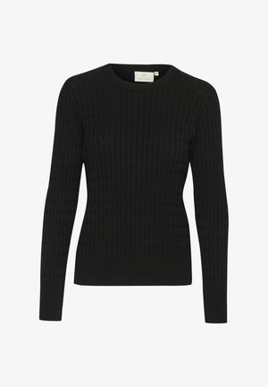 Zwarte gebreide trui met een ribbeltextuur, lange mouwen en een ronde hals. Gemaakt van zachte stof voor comfort.