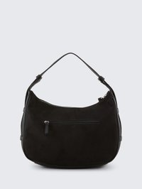 Černá semišová taška přes rameno s zakřiveným tvarem, jedním madlem a přední kapsou na zip. Obsahuje hladké kožené akcenty a vrchní uzávěr na zip.