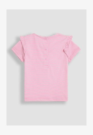 Rosa- und weiß gestreiftes Kurzarmoberteil mit Rüschendetails und rundem Rückenausschnitt. Mit drei Knöpfen entlang der hinteren Naht.