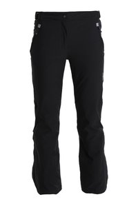 Black waterproof pants with adjustable waist, zippered pockets, and a relaxed fit. Made of durable, lightweight fabric with a smooth texture.