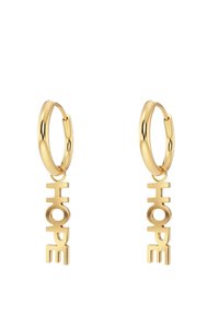 Zlatne naušnice u obliku obruča s privjeskom "HOPE" u podebljanim, velikim slovima. Dizajn ima glatku završnu obradu i sjajnu teksturu.