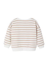 White sweatshirt with tan horizontal stripes, round neckline, dropped shoulders, and ribbed cuffs. Soft material and relaxed fit.