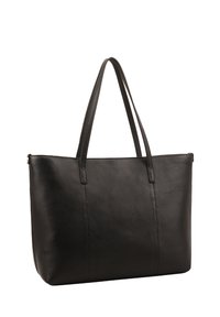 Zwarte leren tote bag met twee lange handvatten, rechthoekige vorm, gladde textuur en subtiele stikdetails aan de zijkanten.