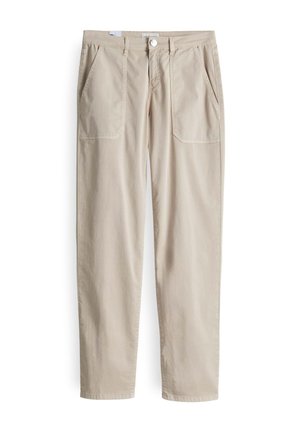Beige cotton trousers with a relaxed fit, featuring two front pockets and a button closure, smooth texture, and straight-leg design.