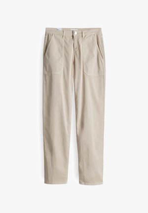Beige cotton trousers with a relaxed fit, featuring two front pockets and a button closure, smooth texture, and straight-leg design.