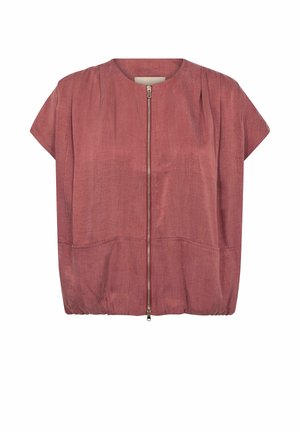 Jachetă roz prăfuit cu mâneci scurte, fermoar frontal, decolteu rotund, două buzunare și tiv ușor adunat, afișată pe un fundal alb.