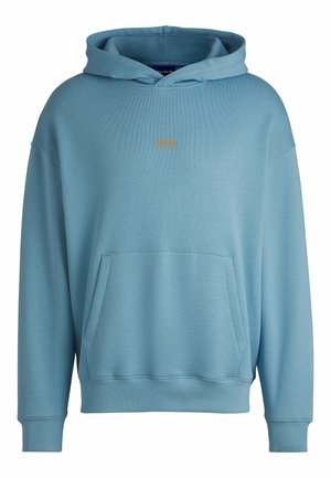 Light blue hooded sweatshirt made from soft fabric. Features a front kangaroo pocket and a small logo in gold on the chest.