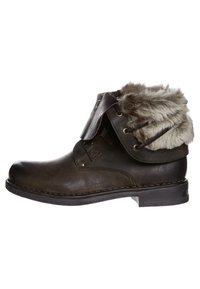Anfibi in pelle marrone scuro con colletto in pelliccia sintetica, design con lacci e patta laterale. Presentano dettagli di cucitura e suola in gomma.