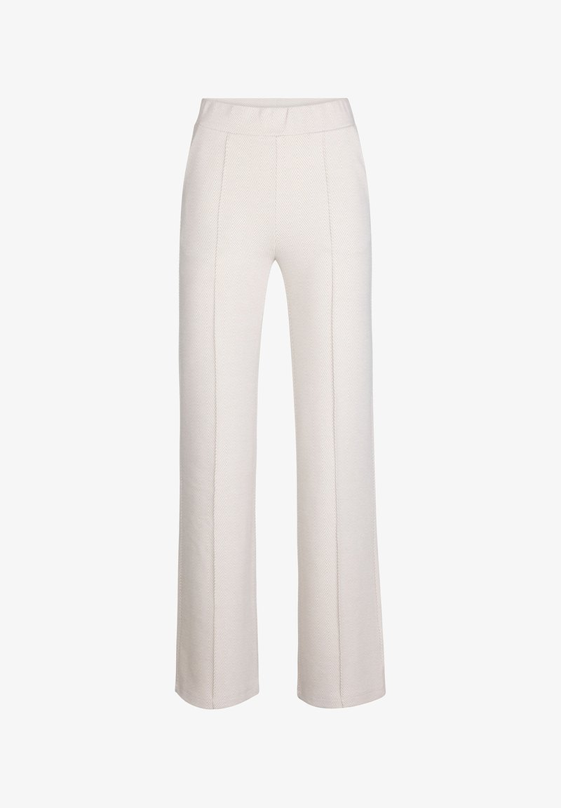 Lichtbeige wijde broek gemaakt van textiel met een subtiele visgraatprint, met een hoge tailleband en zonder zichtbare sluitingen.