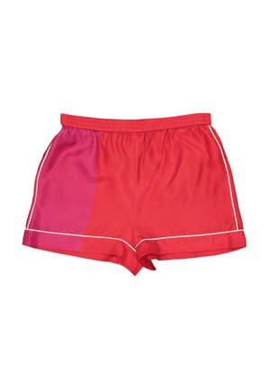 Shorts de sport rouges et roses avec un liseré blanc le long des côtés et des ourlets, et une ceinture élastique.