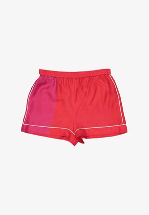 Shorts de sport rouges et roses avec un liseré blanc le long des côtés et des ourlets, et une ceinture élastique.