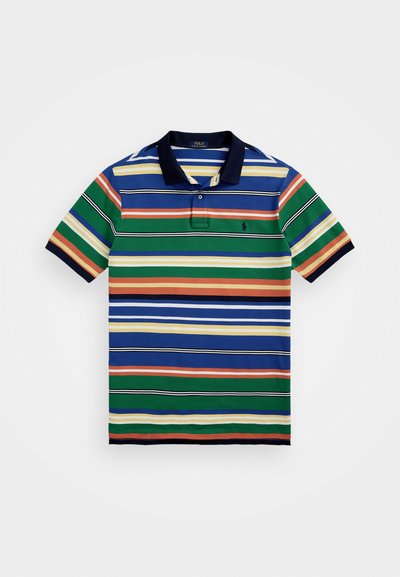 Striped polo shirt in blue, green, orange, and yellow, with a navy collar and short sleeves; features a small logo on the left chest.