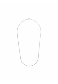 Collana in metallo argento con una catena sottile e liscia, dotata di un fermaglio rotondo e una forma flessibile e leggera.