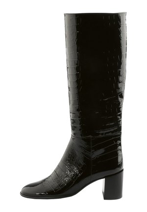Black knee-high boots with a glossy, crocodile texture and square heel. Sleek design with rounded toe and smooth finish.