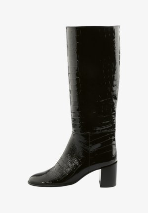 Black knee-high boots with a glossy, crocodile texture and square heel. Sleek design with rounded toe and smooth finish.