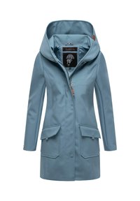 Manteau imperméable bleu clair avec capuche, fermeture éclair, deux poches avant et subtile logo sur la poitrine. Texture lisse.
