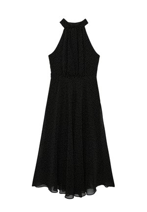 Robe noire sans manches à col halter avec des pois blancs, taille cintrée et jupe évasée en ligne A.