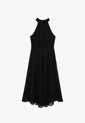 Schwarzes ärmelloses Neckholder-Kleid mit weißen Polka-Dots, tailliert und mit einem fließenden A-Linien-Rock.