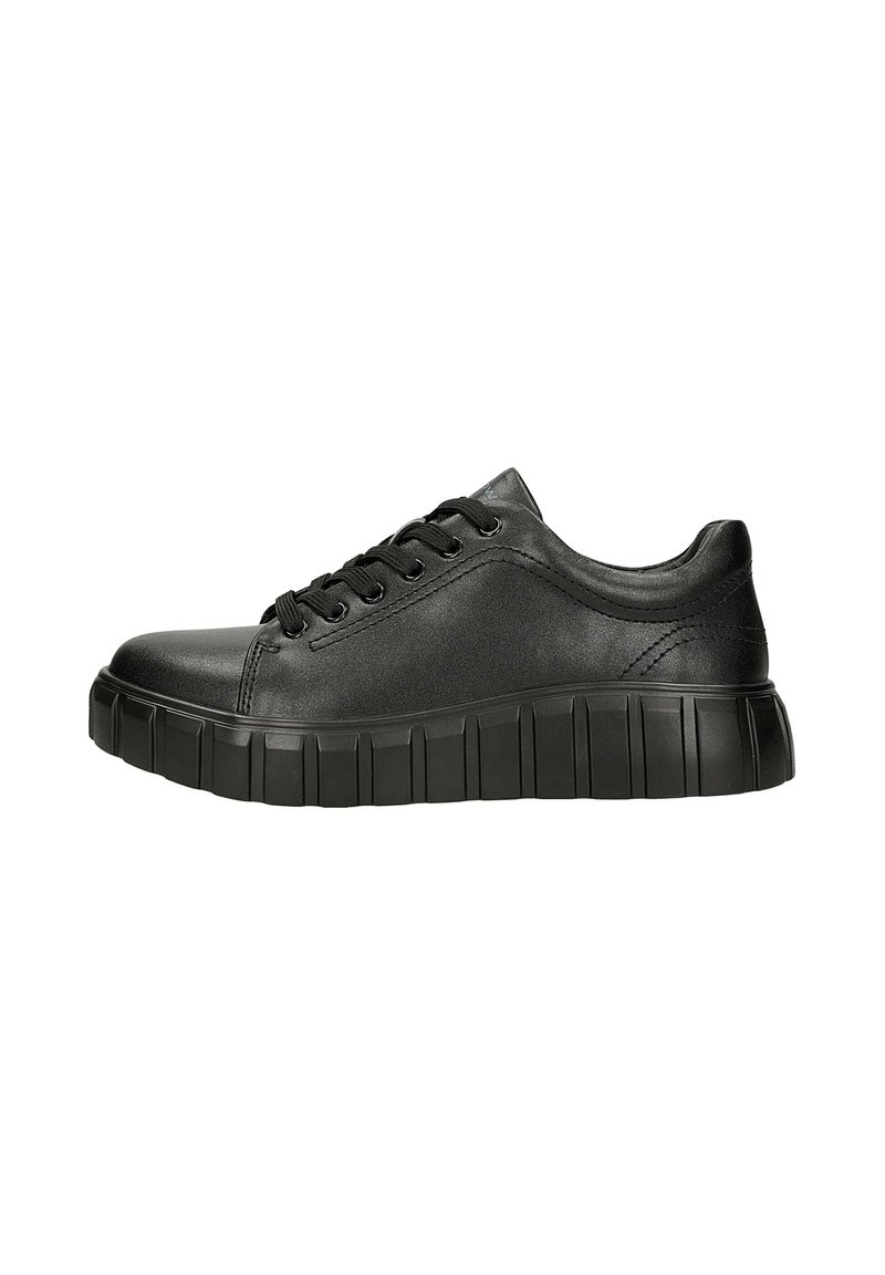 Sneaker in pelle nera con punta arrotondata, upper testurizzato, chiusura con lacci e suola spessa con scanalature per stabilità e grip.