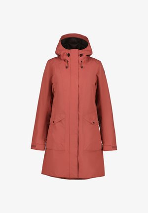 Vedenpitävä, hupullinen takki korallin värissä, jossa on kaksi etutaskua, säädettävä kiristysnyörivarsi ja sileä pinta keskipitkällä mallilla.