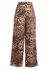 Breda byxor i ett glatt tyg, med ett leopardmönster i nyanser av brunt och svart på en ljusbeige bakgrund.