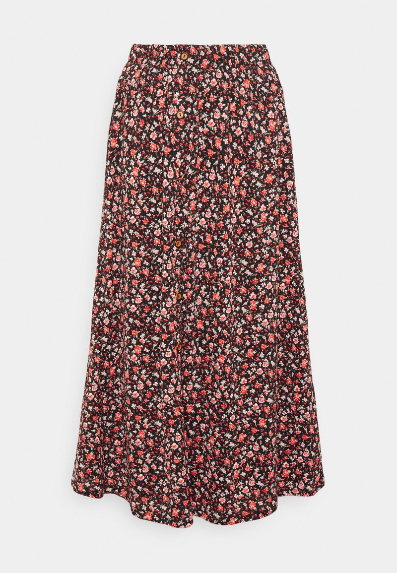 Jupe midi noire avec un petit imprimé floral rouge et rose, fermeture à boutons en bois à l'avant, taille élastique et ourlet évasé.