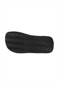 Black rubber shoe sole with a wavy texture, rounded toe, and distinct edge. Features a flat base for traction and stability.