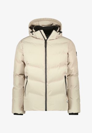 Beige Steppjacke mit Reißverschluss vorne, abnehmbarem Kapuzenaufsatz und Taschen. Verfügt über ein gestepptes Design und schwarze Reißverschlussdetails.
