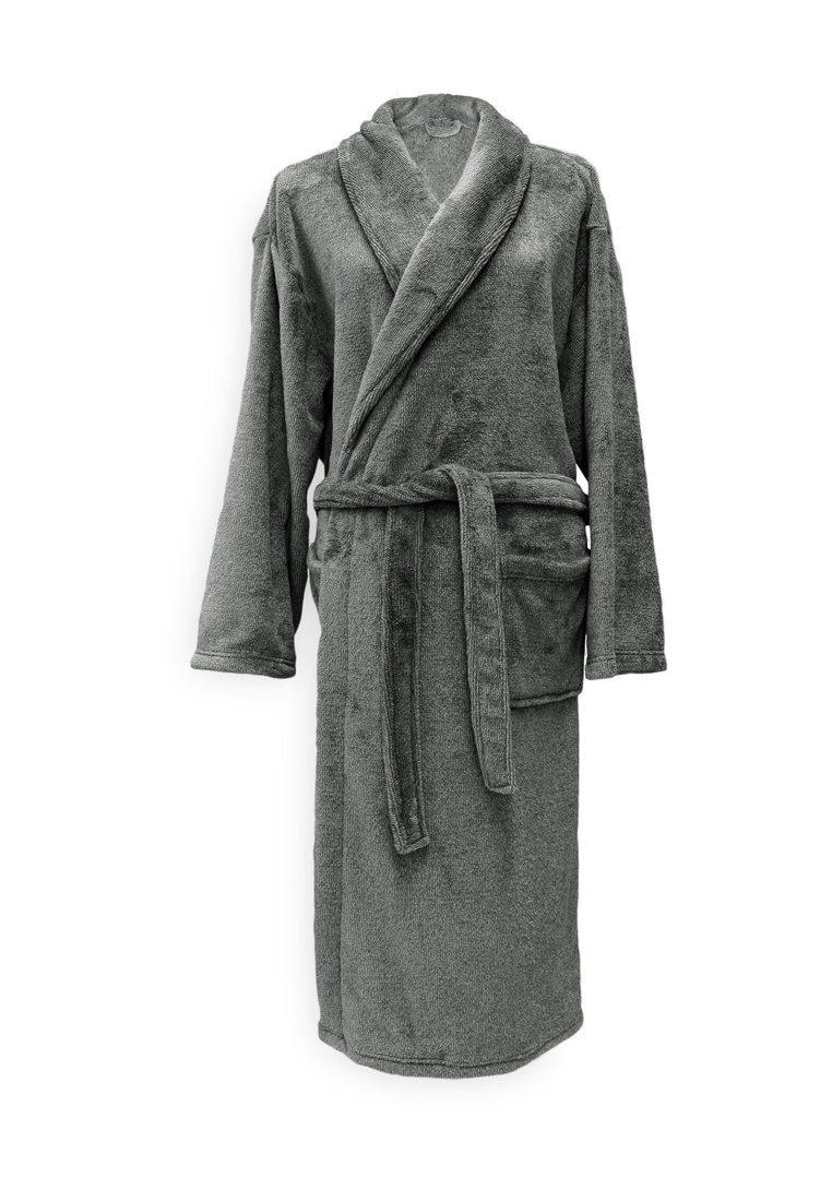 Peignoir en gris charbon fait d'un tissu doux et texturé, avec un col châle, des manches longues, une ceinture à nouer et des poches latérales.