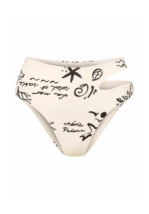 Białe majtki bikini z czarnymi ręcznie rysowanymi wzorami, z wycięciami po bokach i wysokim stanem. Miękki, elastyczny materiał.