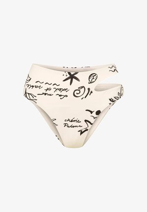 Białe majtki bikini z czarnymi ręcznie rysowanymi wzorami, z wycięciami po bokach i wysokim stanem. Miękki, elastyczny materiał.