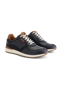 Marineblaue Ledersneaker mit hellbraunen Akzenten, weißen Schnürsenkeln und strukturiertem Obermaterial. Verfügt über eine gepolsterte Sohle und ein schlankes, abgerundetes Design.