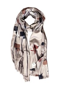 Scarf grigio chiaro realizzato in un morbido tessuto, caratterizzato da illustrazioni colorate di orsi e cani con motivi, e con bordi frangiati.