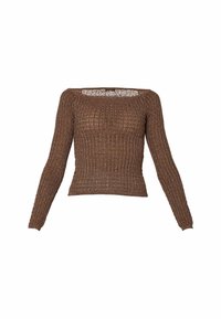 Ruskea pitkähihoinen neulepaita, jossa on ribbitetty pinta ja hieman läpikuultava yksityiskohta rinnassa ja yläselässä.