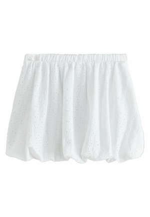 Top bianco off-the-shoulder con vita elastica arricciata, caratterizzato da un motivo in occhio di pernice testurizzato e un'orlo a strati svasato.