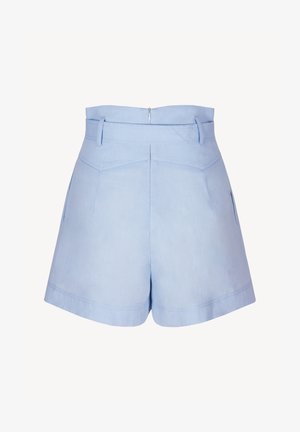 Jasnoniebieskie, wysokowysokie, dopasowane szorty z szlufkami na pasek, bocznymi kieszeniami, tylnym zamkiem błyskawicznym i przeszyciami, na białym tle.