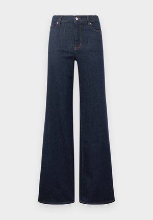 Dark blue wide-leg jeans made of denim, featuring a high waist, button closure, and classic five-pocket design with contrasting stitching.