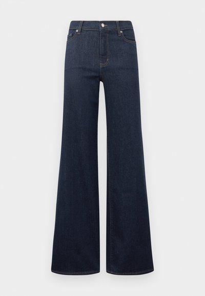 Jeans wide en denim bleu foncé, dotés d'une taille haute, d'une fermeture à bouton et d'un design classique à cinq poches avec une coutures contrastantes.