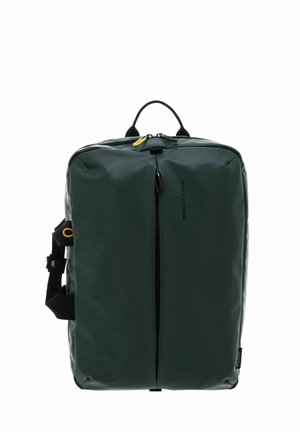 Zaino rettangolare verde scuro con zip verticale centrale, manico nero sulla parte superiore e spallacci laterali regolabili.