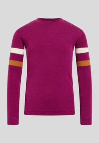 Long-sleeve shirt in vibrant magenta with white, orange, and burgundy stripes on sleeves; made from soft, smooth fabric. Round neckline.