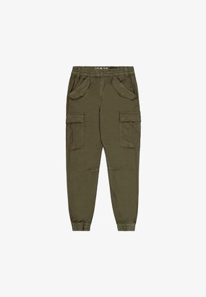 Olivengrønne cargobukser i bomuldsblanding med elastisk talje, flere lommer foran og tilspidsede manchetter ved anklerne.