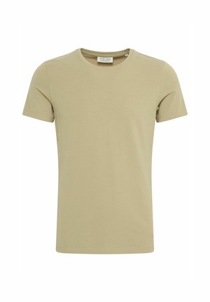 T-shirt color khaki in cotone, con collo rotondo, maniche corte e una texture liscia e morbida. Design semplice senza motivi o dettagli.