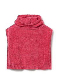 Suéter sin mangas de punto suave rojo con cuello alto y bordes acanalados, dispuesto sobre un fondo blanco.