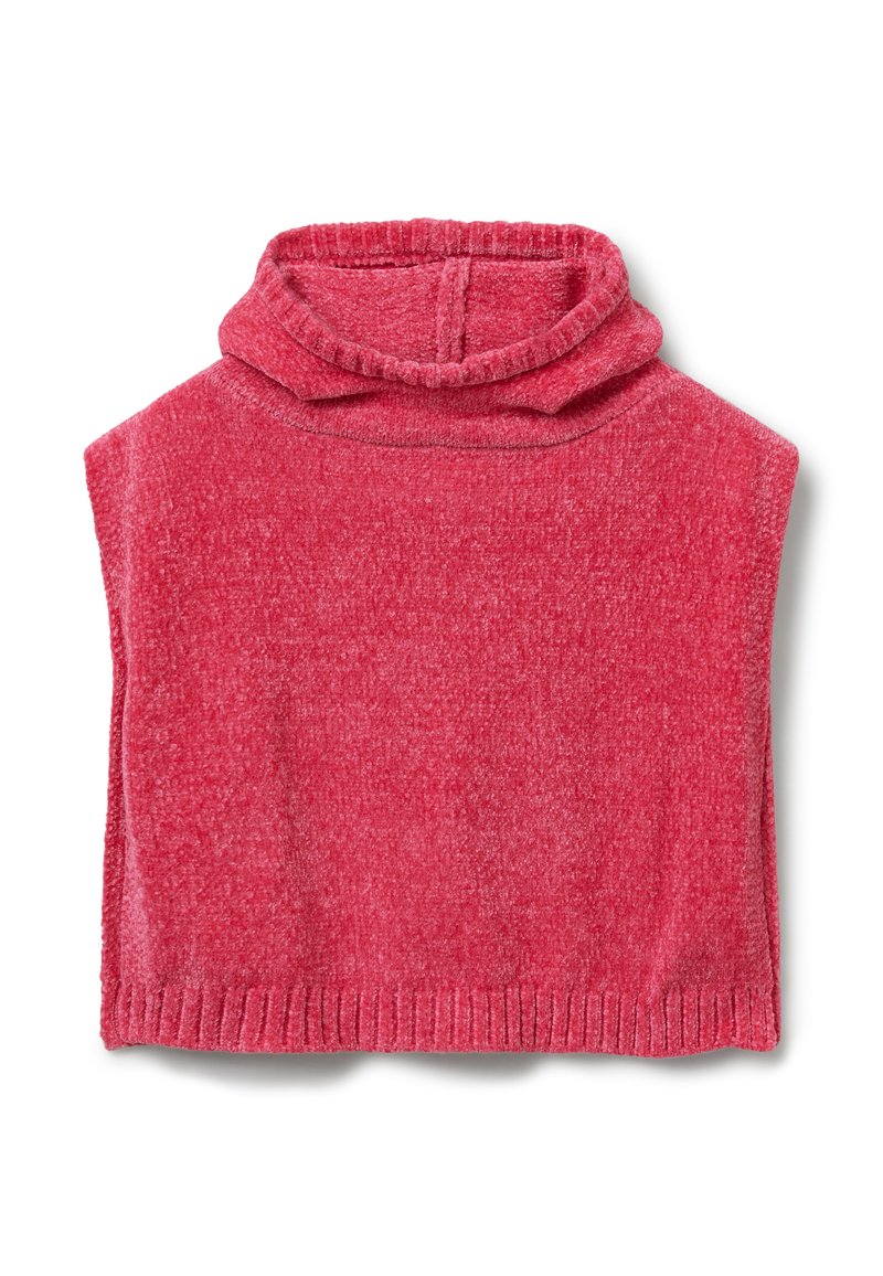 Suéter sin mangas de punto suave rojo con cuello alto y bordes acanalados, dispuesto sobre un fondo blanco.