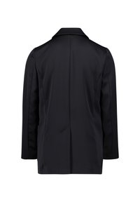 Black blazer with a smooth, matte texture, single-breasted design, notch lapel, and a center back vent for flexibility.