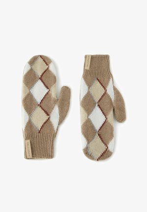 Brune og hvide handsker med argylemønster og ribstrikkede manchetter. Fremstillet af strikket stof med et lille mærke med teksten "FALCONERI" på siden.