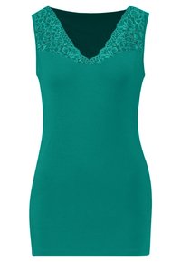 Top sin mangas en color verde azulado con un diseño de escote en V de encaje. Tejido suave y forma ajustada, con detalles de encaje floral en el cuello.