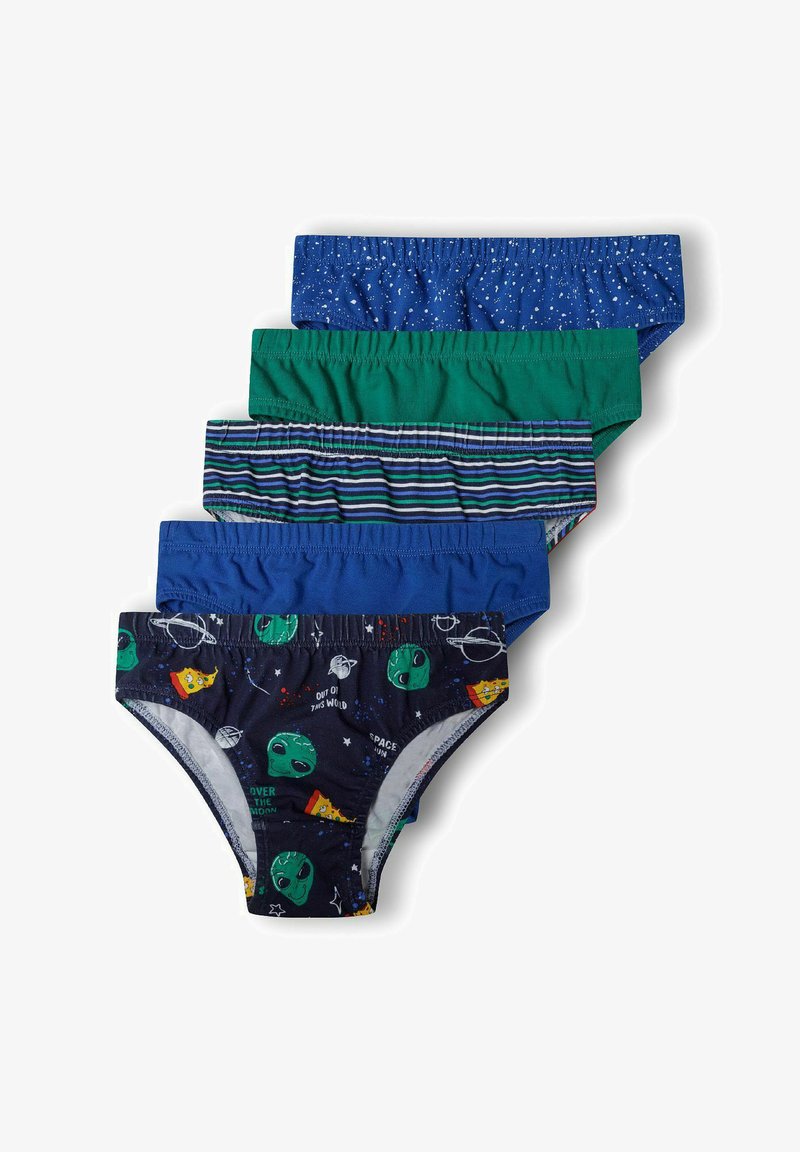 Öt pár gyermekbugyi vegyes színekben: kék, zöld, sötétkék űrlényes mintával, csíkos és egyszínű. Puha anyagból készült, elasztikus derékkal.